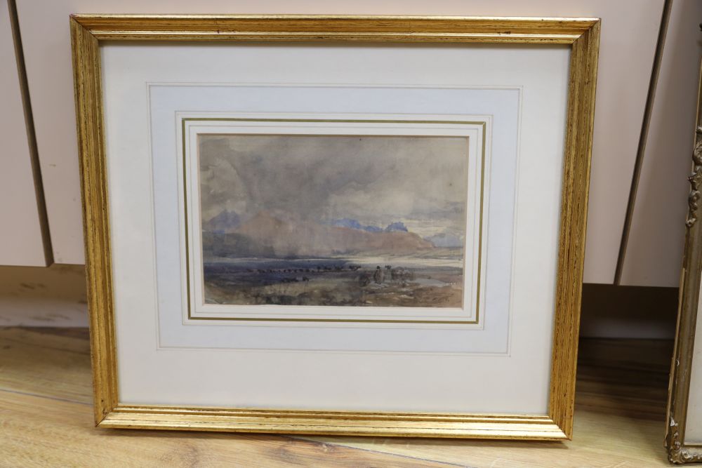 Attributed to David Cox Snr (1783-1859), watercolour, Rain swept landscape, 13.5 x 21cm